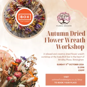 Autumn Dried Flower Wreath Workshop, Sunday 11th October, 12-2pm, BOX, Brindley Place